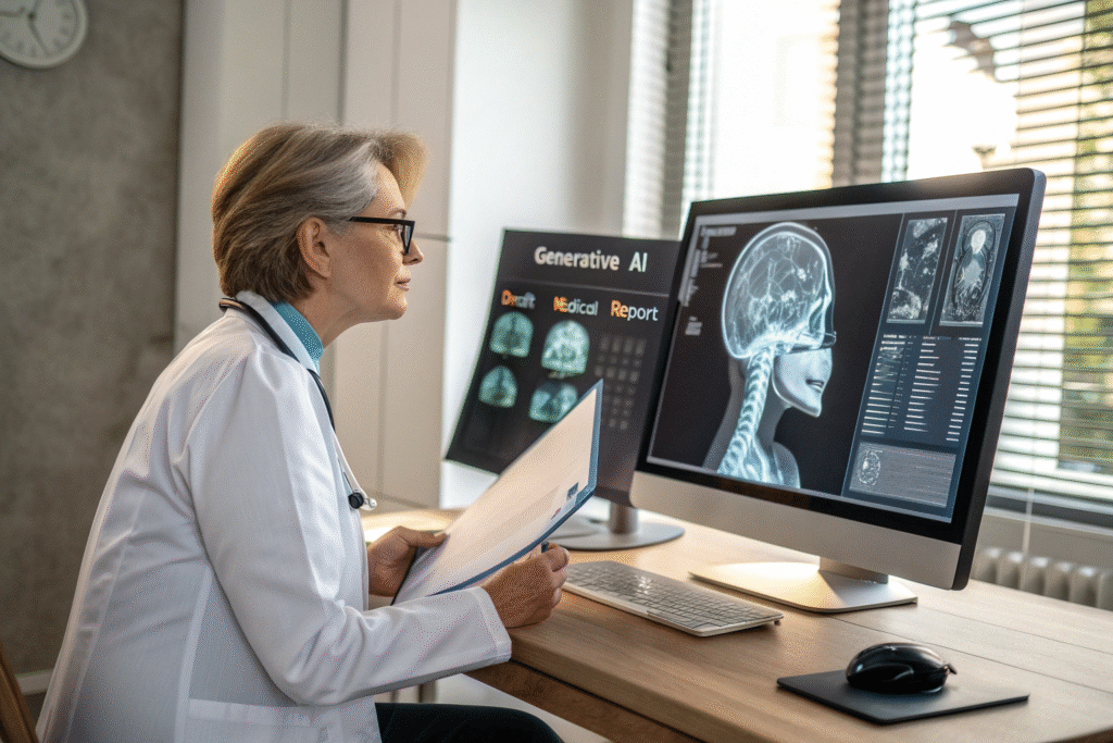 A doctor analyzes brain scans on computer monitors, using generative AI for medical reports in a modern clinical office, highlighting AI in healthcare.