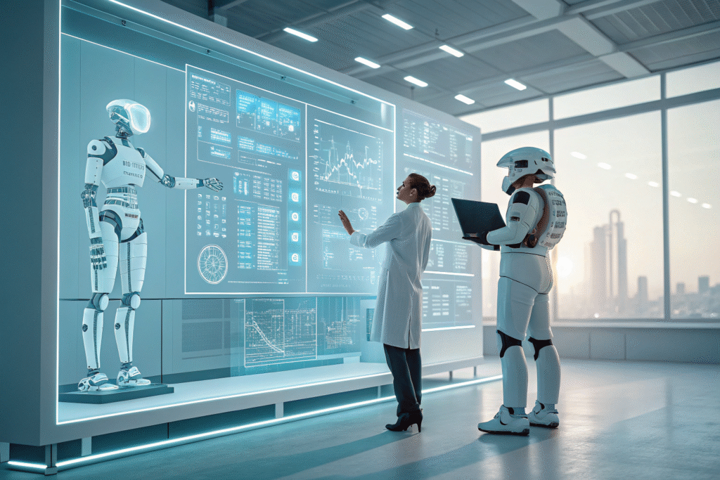 A scientist and two robots in a high-tech lab analyze data on a futuristic screen, symbolizing human-AI partnership.