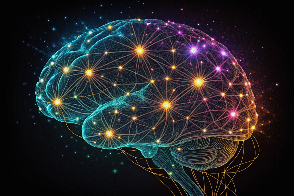 An artistic visualization of a neural network shaped like a human brain, with glowing, colorful nodes representing AI and deep learning.