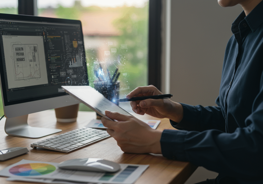 A person using a digital tablet with AI and data visualizations based on Generative AI, working at a modern desk with a computer displaying charts and creative design tools.