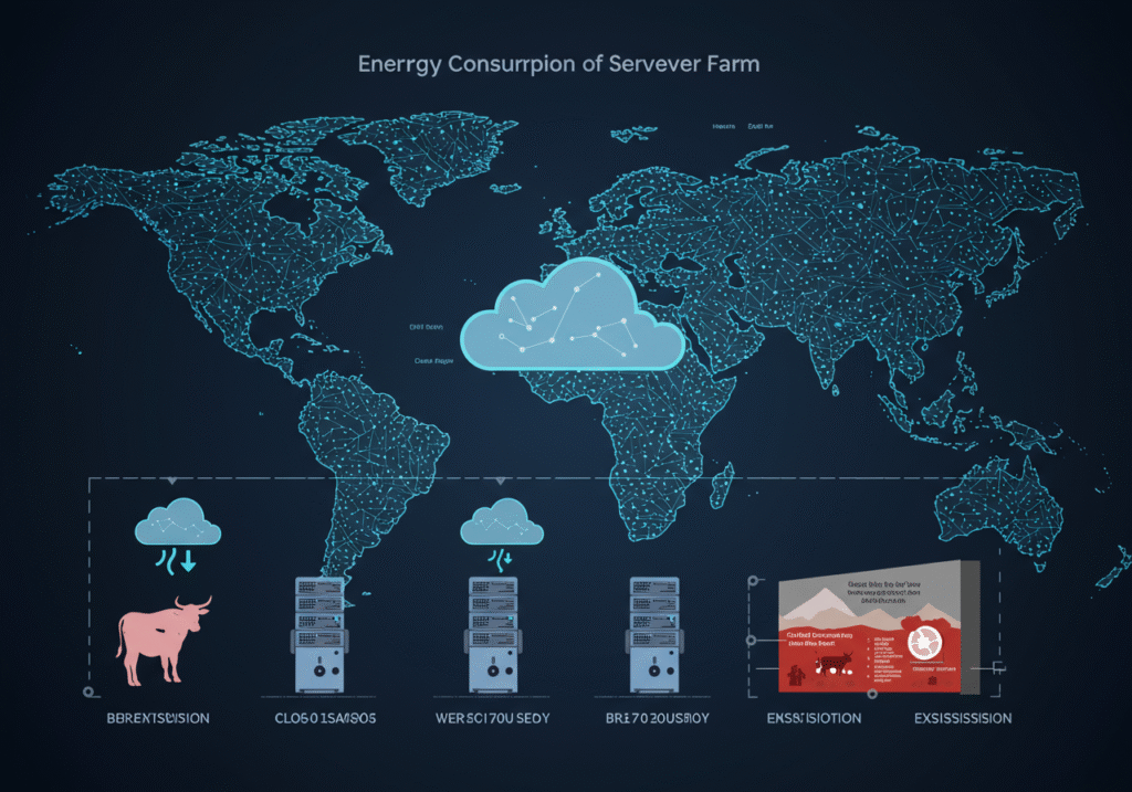 Infographic comparing global server farm energy consumption to traditional industries, featuring a world map, cloud icons, servers, and a cow illustration.